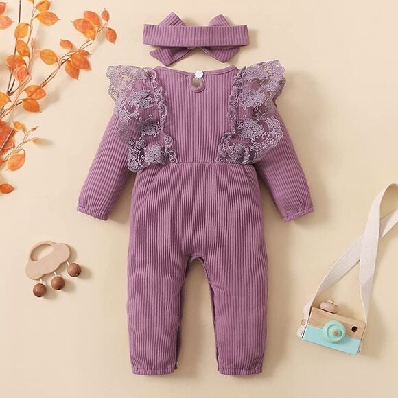 Newborn Infant purple size 0/3 mos Girl Ruffle Long Sleeve Romper Jumpsuit Bowkn - Picture 2 of 10